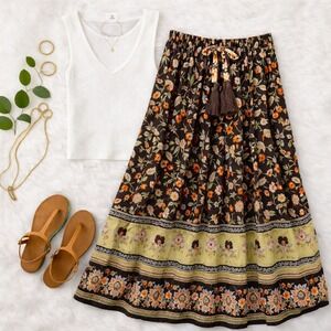 Gypsie Blu Floral Maxi Skirt Women LARGE Brown Boho Peasant Festival Cottagecore